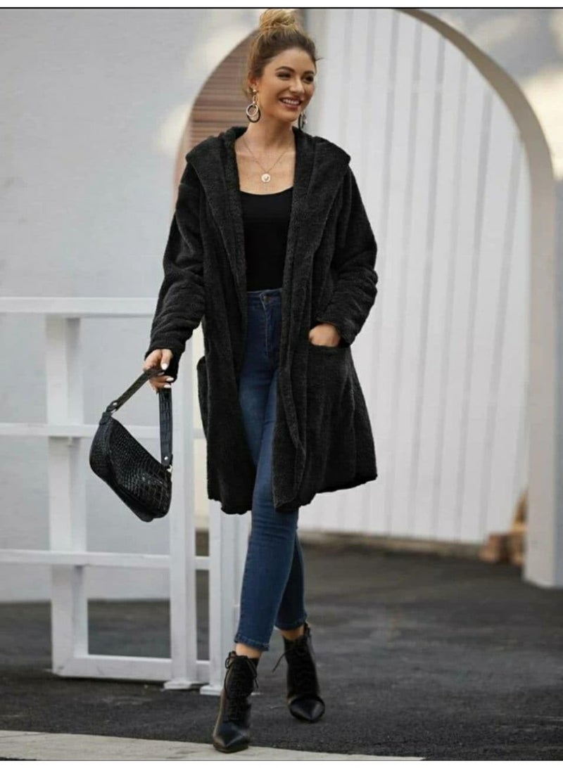 Solid Dual Pocket Open Front Teddy Coat (Black) - Image 3